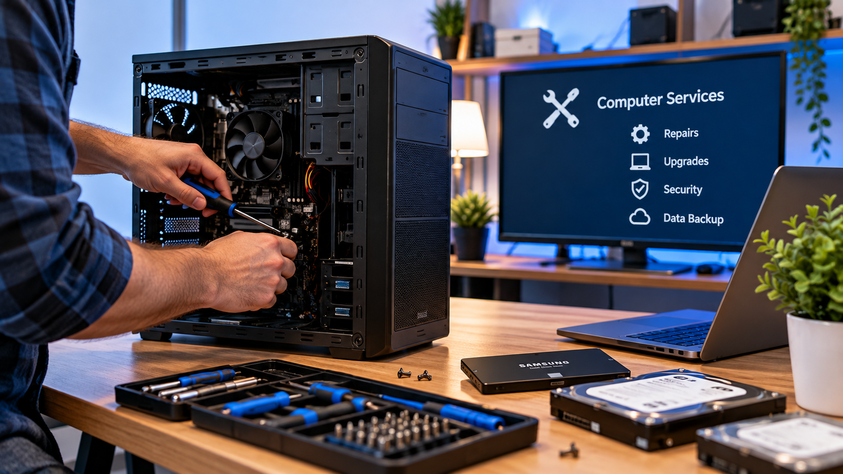 Computer repair workspace with an open desktop computer and repair tools