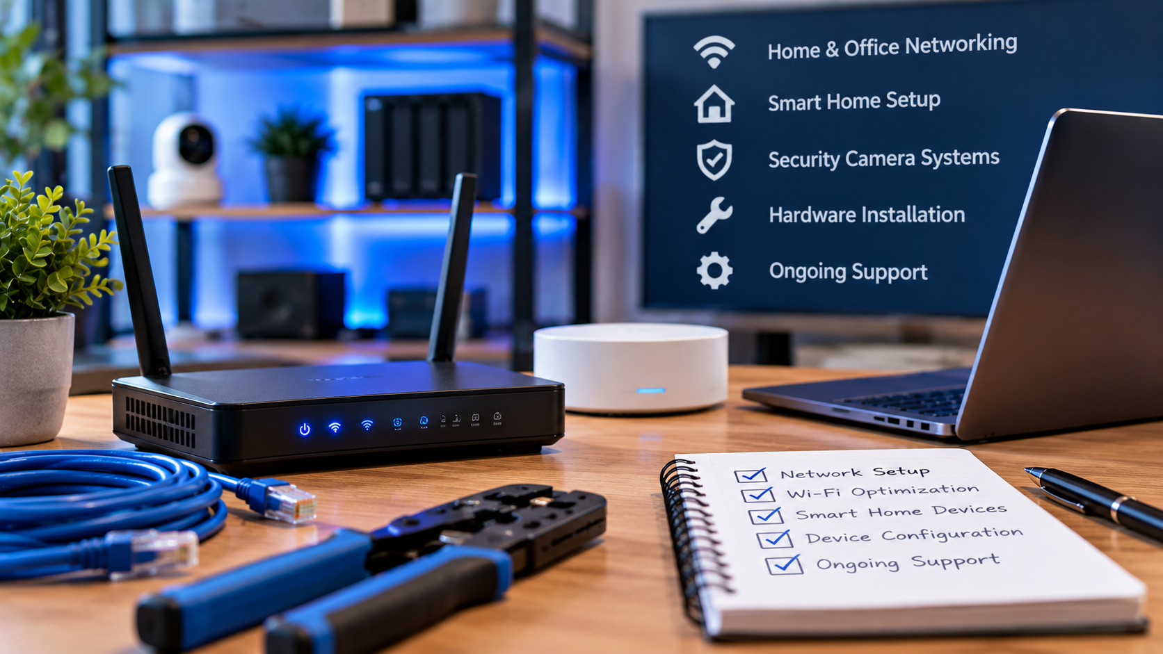 Home networking equipment, Ethernet cables, laptop, and smart home technology